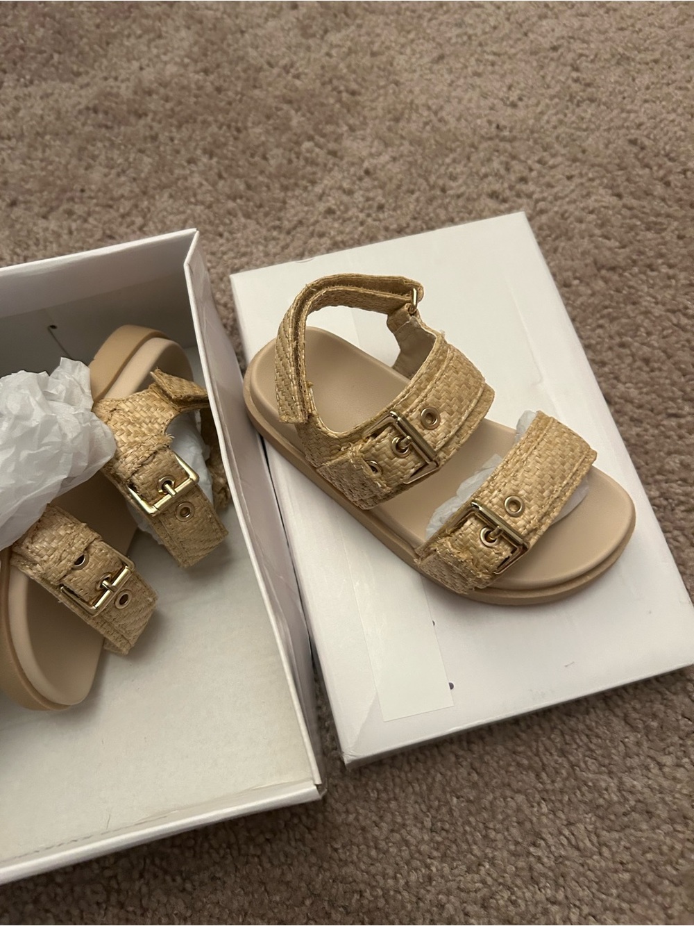 Kids Beige Raffia Buckle Sandals